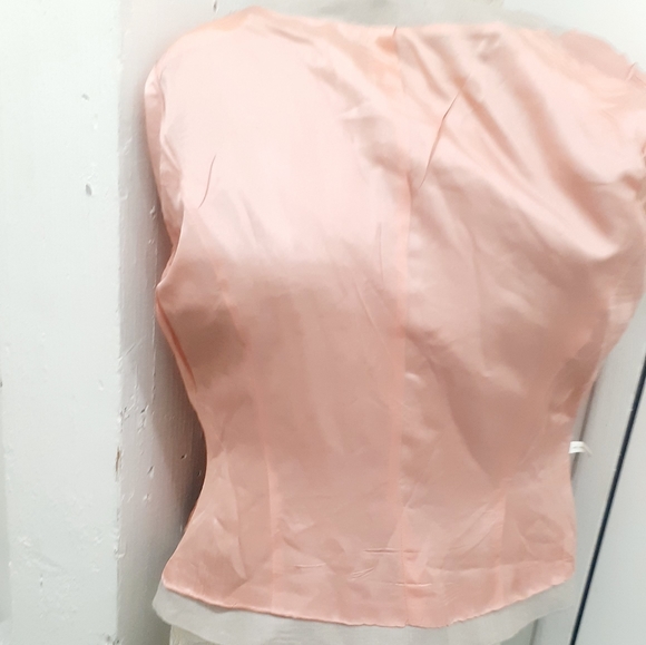 TAN Nude Linen  Asymetrical Blazer Curvy Button front detail Crop Jacket Sz 10 - Picture 11 of 14